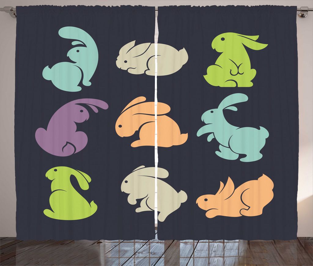 ABAKUHAUS Hase Rustikaler Gardine, Pastell Kaninchen Silhouetten, Schlafzimmer Kräuselband Vorhang mit Schlaufen und Haken, 280 x 225 cm, Mehrfarbig