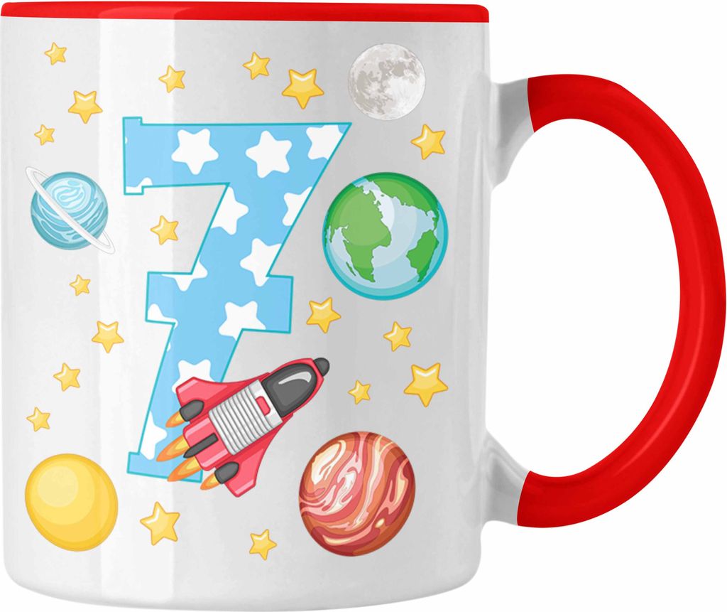 Trendation - 7. Geburtstag Tasse Geschenk Becher Siebter Bday Geschenkidee 7 Jahre Alt Junge Mädchen Kakaotasse (Rot)