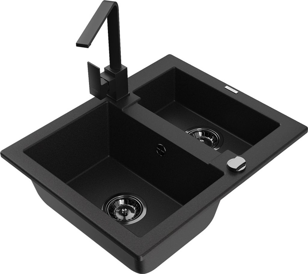 Mexen Carlos 1,5-Becken-Granitspüle mit Mischbatterie Rita, Schwarz - 6518-77-670300-70-B