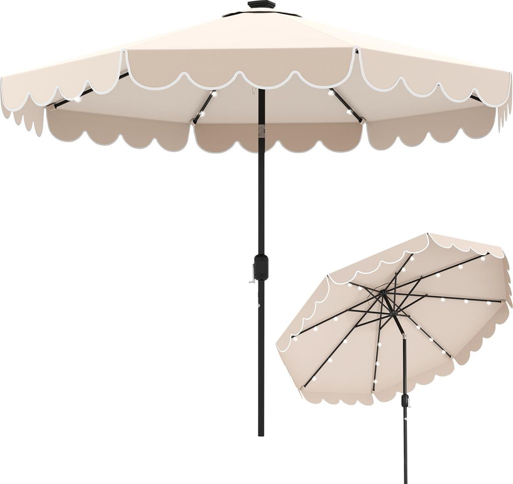 KOMFOTTEU Sonnenschirm Ø300 cm mit 24 LED-Lichtern, Terrassenschirm mit Kurbel & Volant, Gartenschirm 35°knickbar, Marktschirm für Garten, Terra...