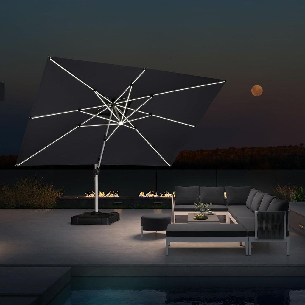 PURPLE LEAF Sonnenschirm mit LED Solar Beleuchtung Ampelschirm 300 x 400 cm Rechteckig Groß 360°Rota Außenbereich Alu, Balkonschirm XXL UV50+, Grau