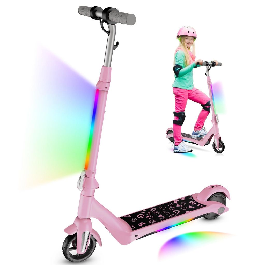 Elektroscooter Rosa mit LED-Anzeige, E-Scooter Bunte Neonlichter, 15km/h, Einstellbare, Klappbar Elektroroller Für Kinder ab 6-12 Jahren