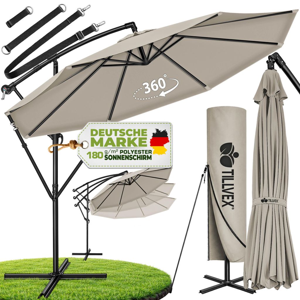 tillvex Sonnenschirm Taupe Ø 350 cm Gartenschirm Marktschirm Kurbel Balkon Alu Neigbar