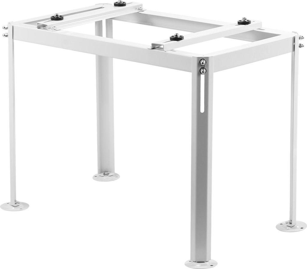 A white metal stand for an air conditioning unit or heat pump.