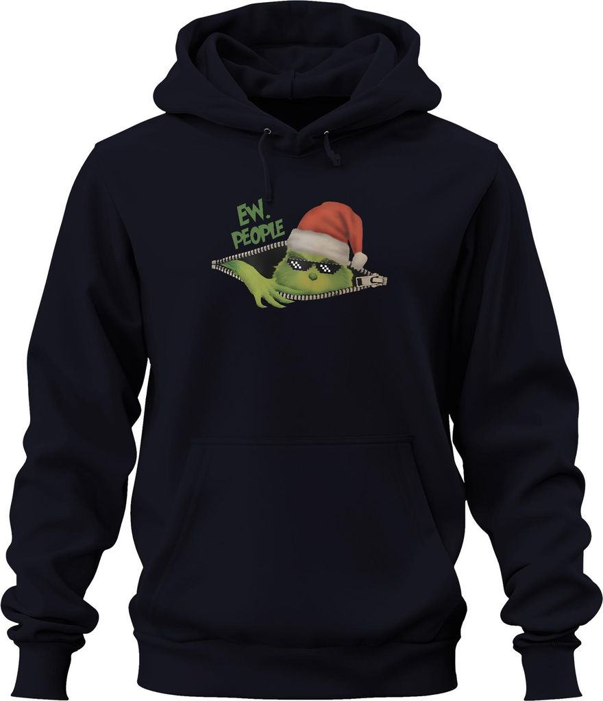 EW PEOPLE Weihnachtsmuffel grün Pixel Sonnenbrille Reißverschluss Uni Hoodie Kapuzenpullover, Navy, 3XL