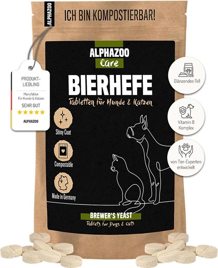 alphazoo Bierhefe Tabletten Hund & Katzen 50 Stück I Natürlicher Vitamin B Komplex gegen Haarausfall & Juckreiz I Biotin Fellpflege bei Schuppen