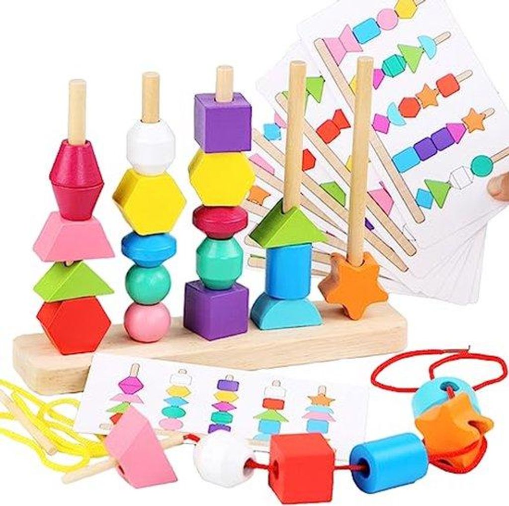Holz-Montessori-Spielzeug für Kleinkinder, Holz-Abstufungs- und Sortierspielzeug-Set, Holzperlen mit passenden Formen und Farben, Spielzeug für K...