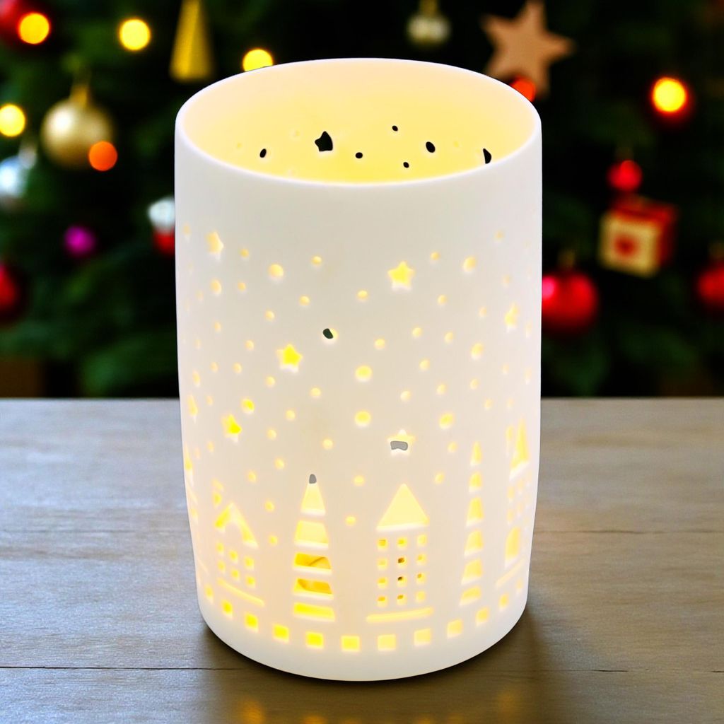 1.04 LED Windlicht Dorf aus Porzellan in weiß - ca. 13 x Ø 8,5 cm - Deko zu Weihnachten Batterie betrieben