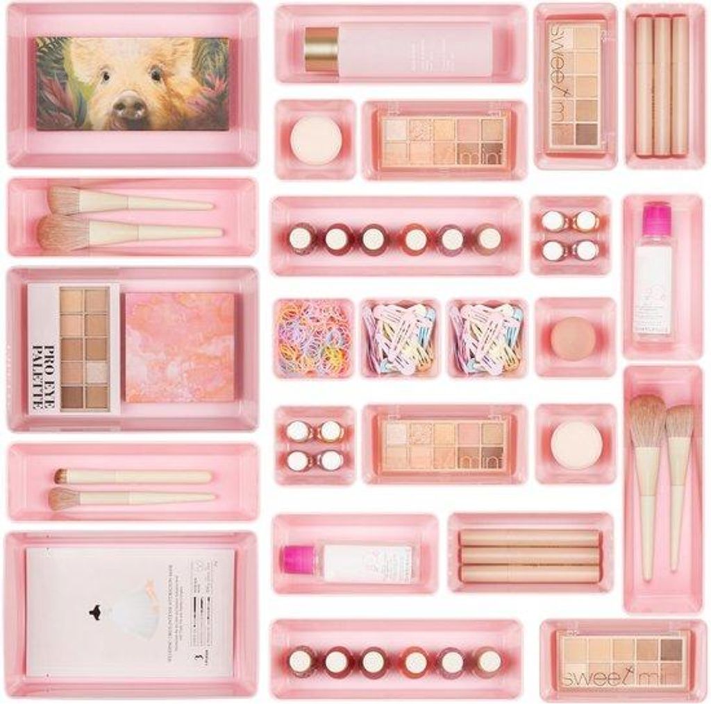 25-teiliger rosa Lade-Organizer mit 4 Maßen, Make-up-Organisations-System, Schminktisch-Organizer, für Make-up, Küchen, Badezimmer, Büro und Sc...