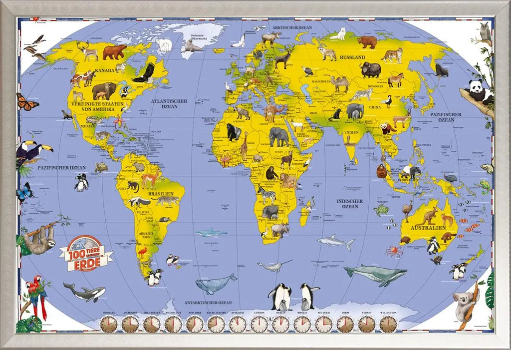 Mappa del Mondo Animali Poster Cornice Argento Shinsuke per Cameretta
