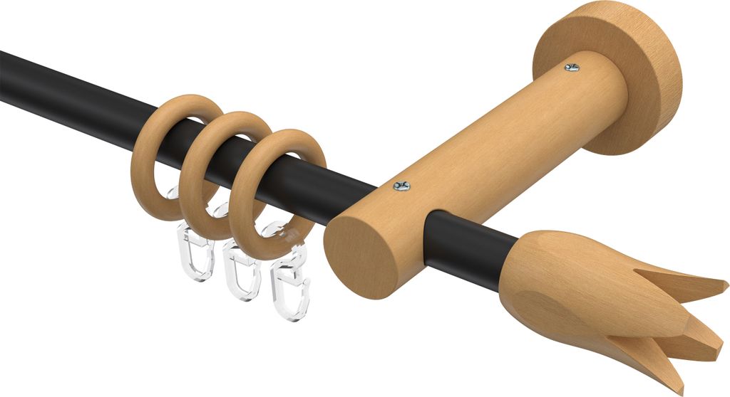 Interdeco Gardinenstange / Vorhangstange Schwarz / Buche lackiert, Typ Adrian Flower (Blume), 16 mm Ø 1-läufig, 420 cm