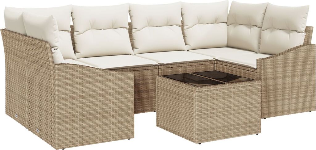 7-teiliger Garten-Essbereich mit Kissen Beige Poly Rattan, Gartensofas DesignMöbel Neu