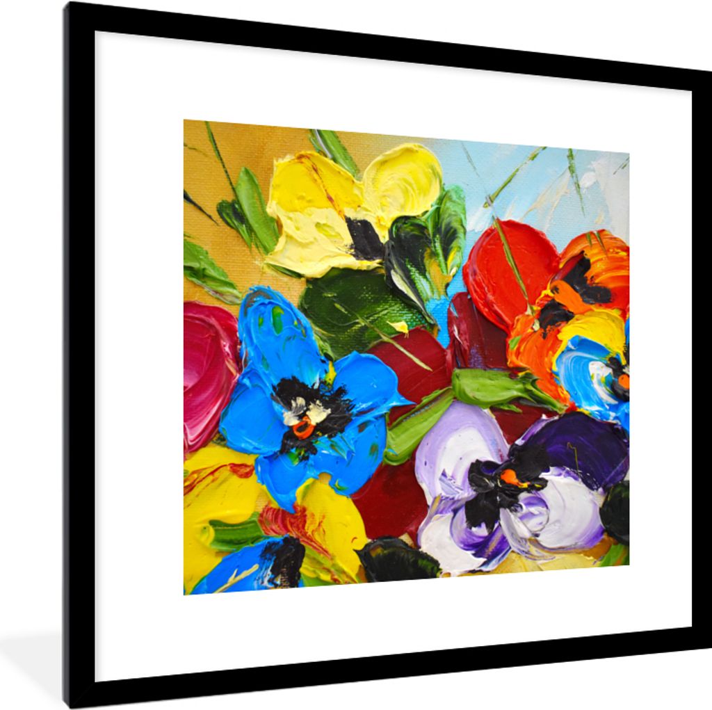 MuchoWow Gerahmtes Poster Ölfarbe - Malerei - Blumen 40x40 cm - Poster mit Schwarzem Bilderrahmen Wandposter Rahmen Foto Bilder - Poster - Plaka...