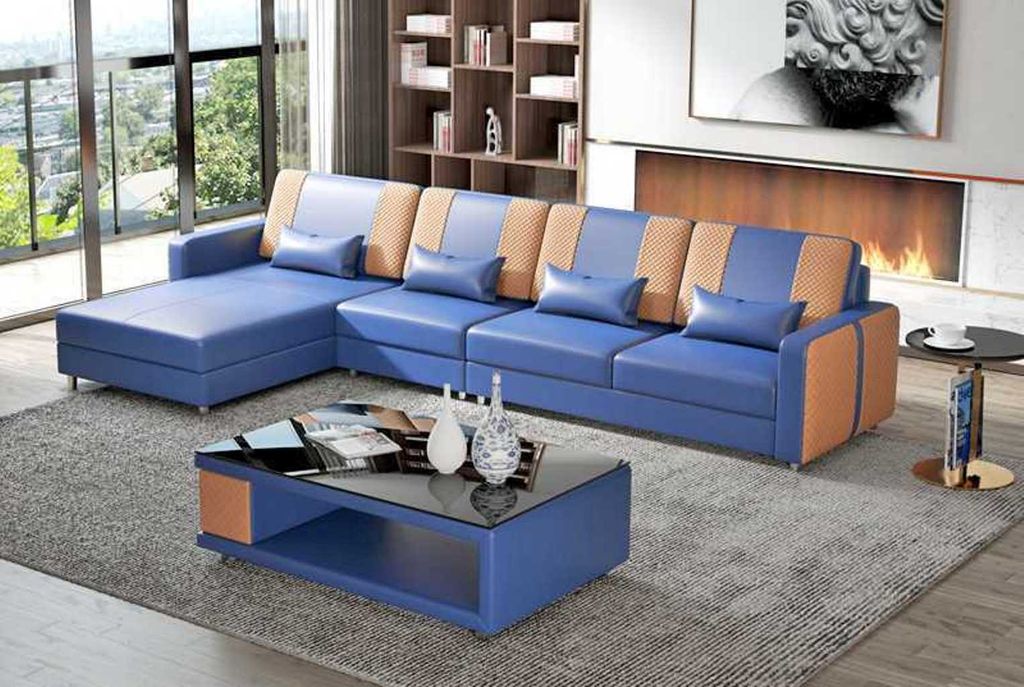Eckgarnitur Ledersofa Ecksofa L Form Liege Couch Sofa Blau Luxus Neu