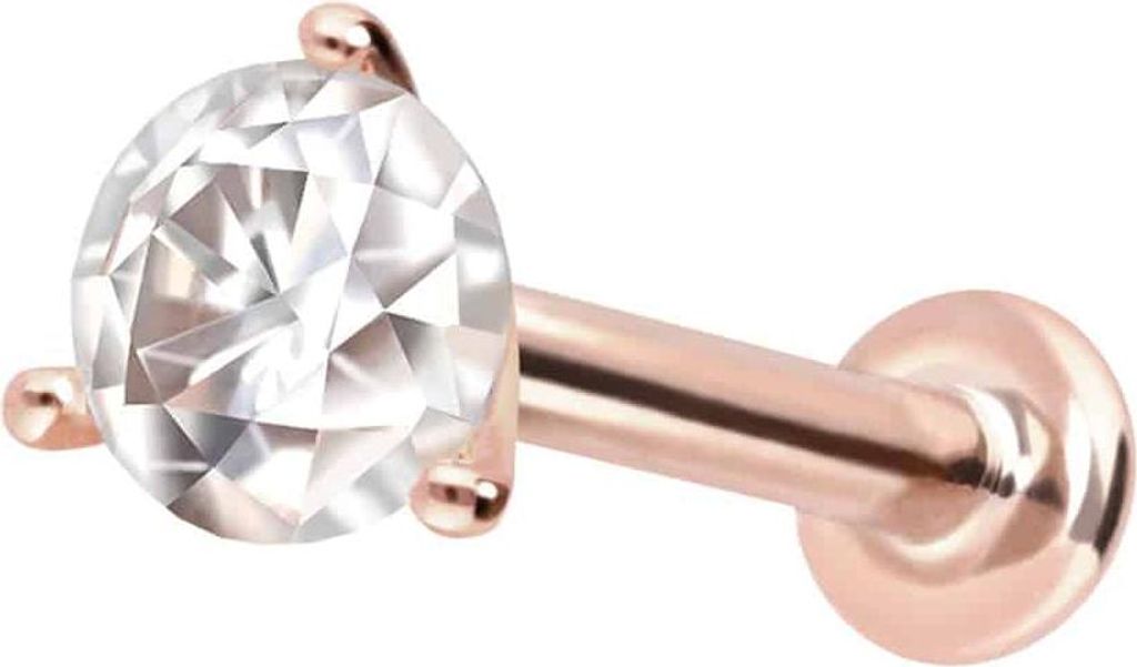 Ohrpiercing, Nasenpiercing 14 Karat Gold Labret mit Innengewinde MOISSANIT RoséGold Stablänge: 6mm | Stabstärke: 1mm | Kristallgröße: 2,5mm