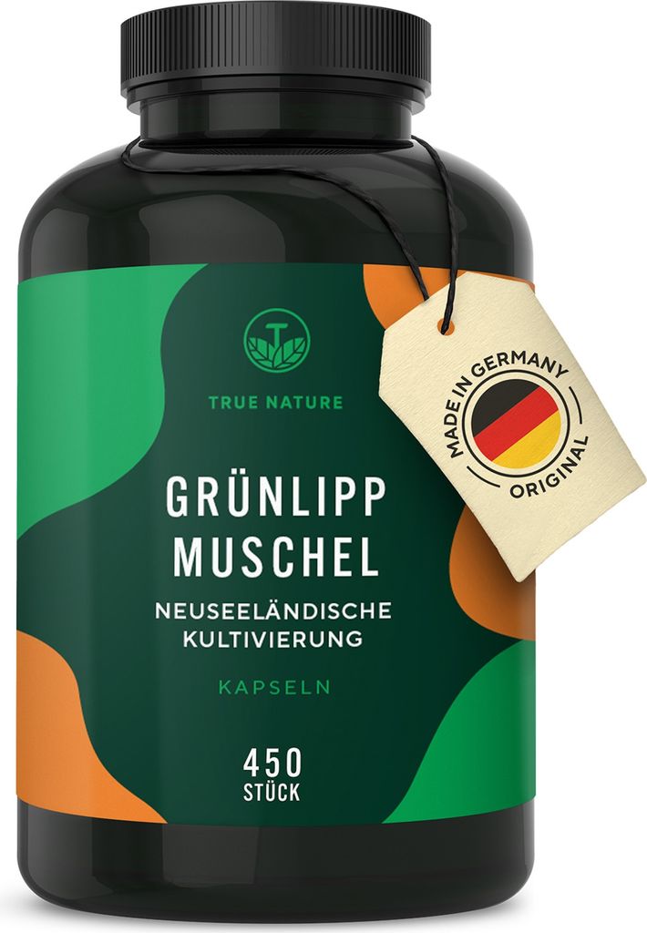 Grünlippmuschel - 450 Kapseln (500mg) - Hochdosiert mit 2000mg pro Tagesdosis - Kultiviert in Neuseeland - Deutsche Produktion - TRUE NATURE