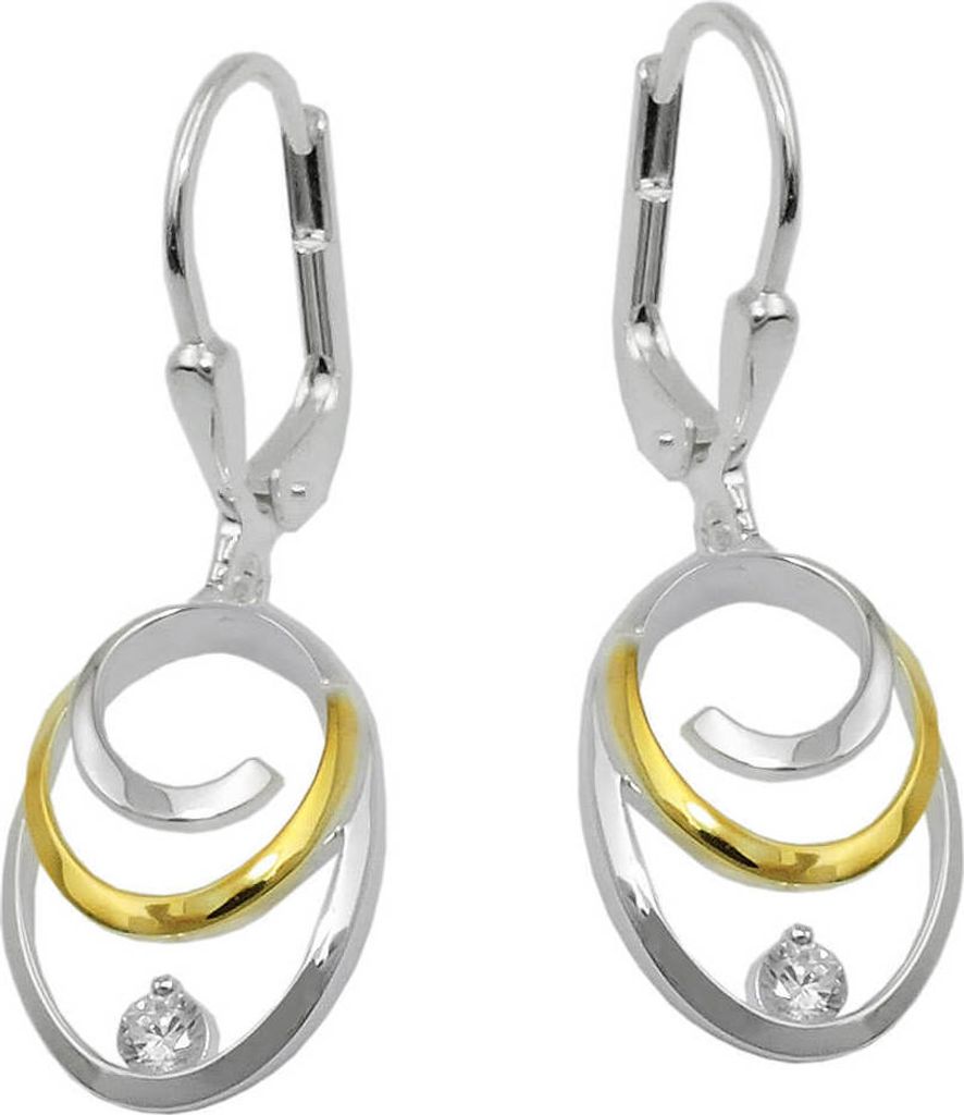 Paar Ohrhänger ovale Ohrringe 32x11mm mit Zirkonia aus 925 Silber teilvergoldet