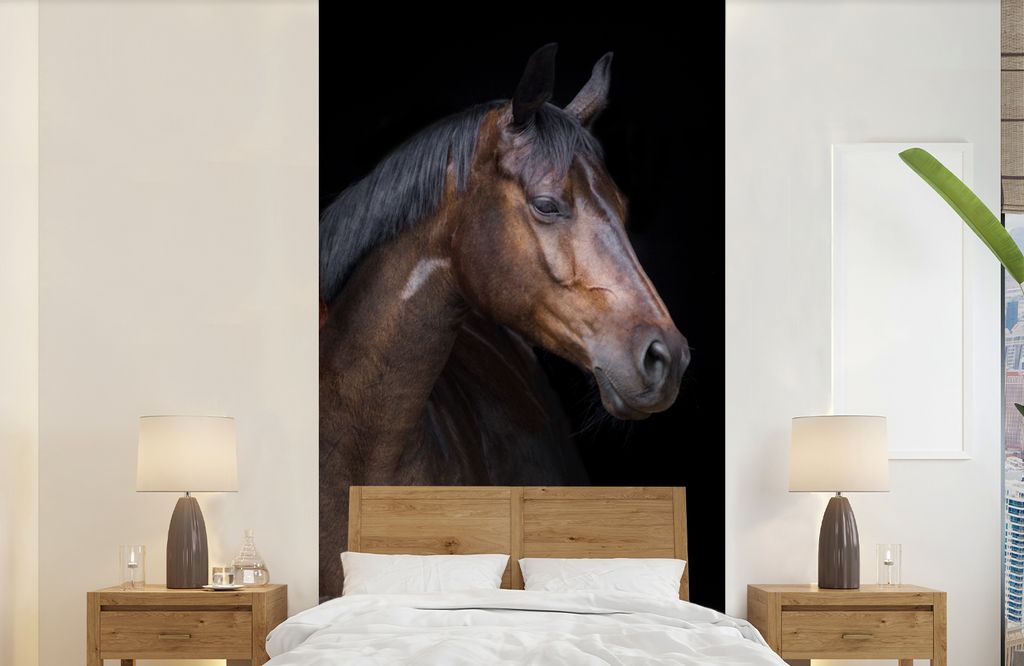MuchoWow Fototapete für Wohnzimmer oder Schlafzimmer Wandtapete Vinyl Motivtapete Pferde - Tiere - Porträt - Braun - 120x240 cm - Kindertapete ...