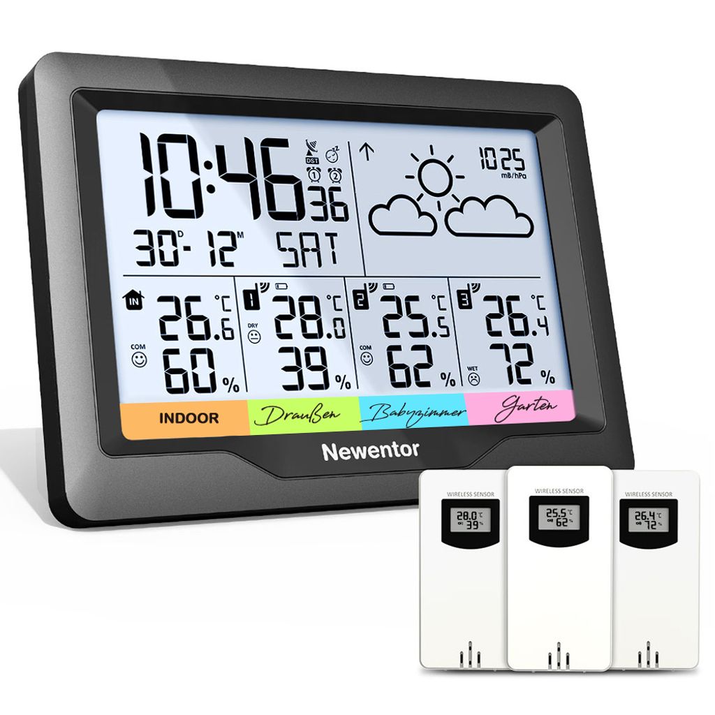 Funk Digital Wetterstation Thermometer Hygrometer Innen Mit Außensensor Uhr Weiß 