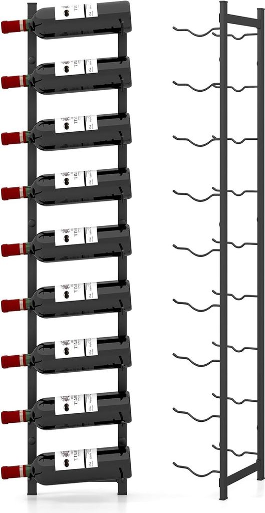 Two black metal wine racks, one filled with wine bottles, are shown against a white background.