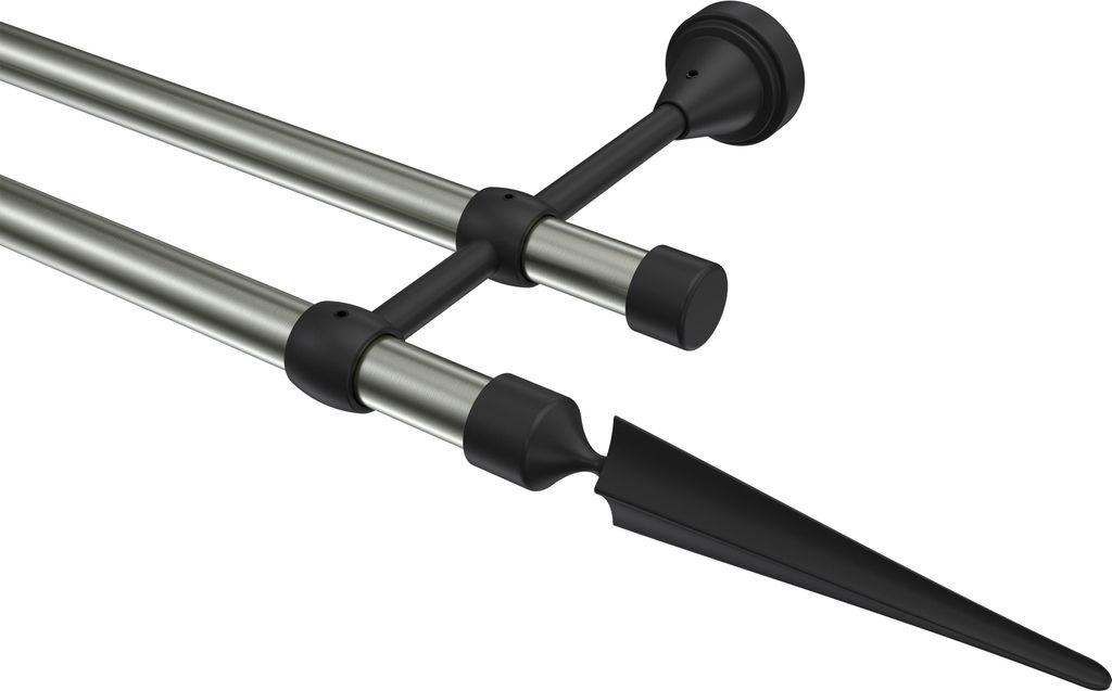 Interdeco Gardinenstange / Vorhangstange Edelstahl-Optik / Schwarz, Typ Primus Lorenzo (Speer), 16 mm Ø 2-läufig, 600 cm