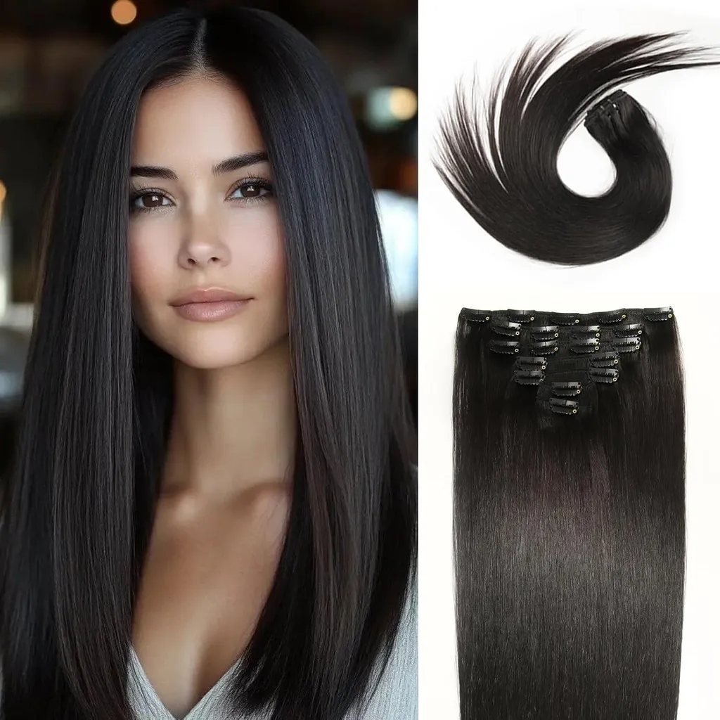 Extensions Clip In Cheveux Naturels Remy 1B Noir Naturel 7 Pièces 120g