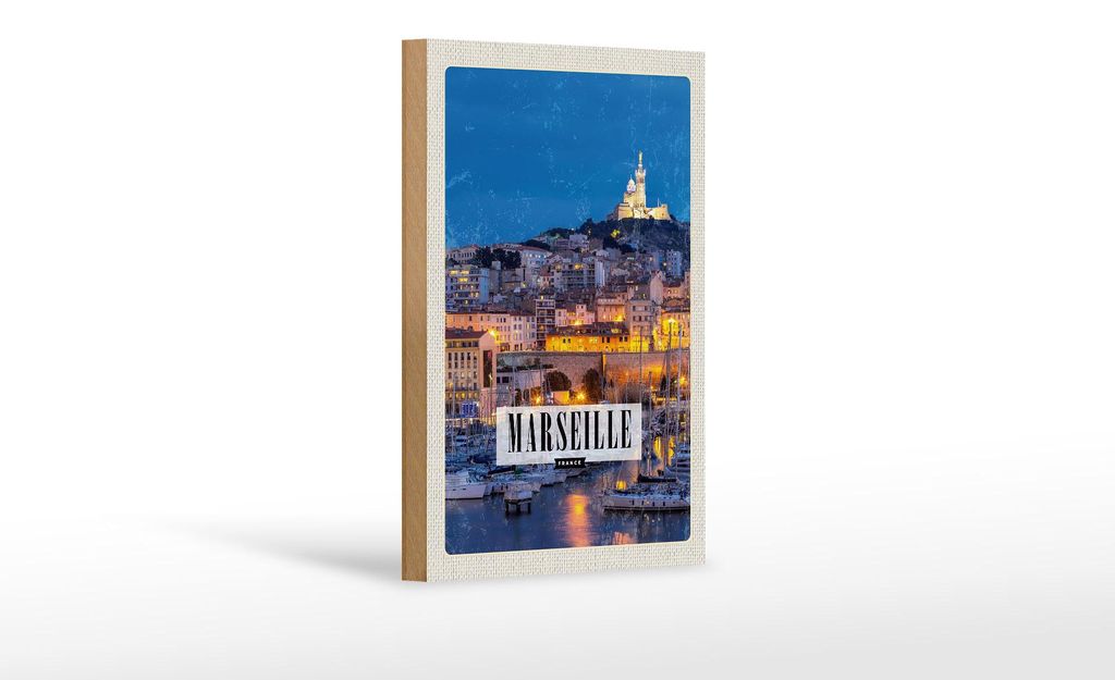 Holzschild Reise 12x18 cm Retro Marseille France Panorama Nacht