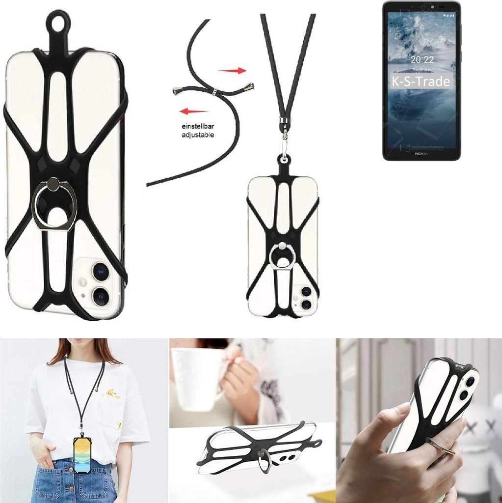 K-S-Trade 3in1 Handykette Handyband Handykordel Halsband Smartphone-Ring Handy-Ring kompatibel mit Nokia C2 2nd Edition Fingerhalterung Handyring