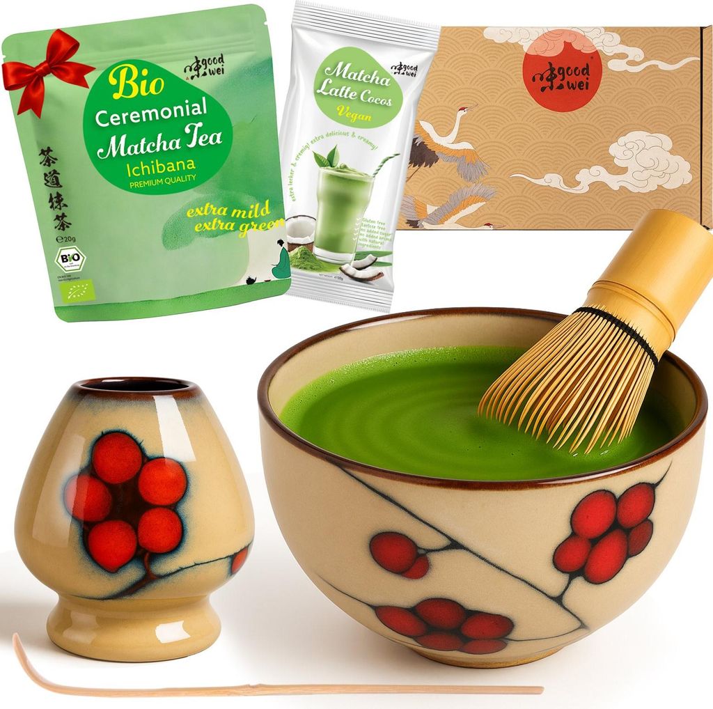 Matcha Teezeremonie Set "Plum" mit Schale, Besen, Besenhalter & Matchapulver + Cocos – japanisches Komplettset für Einsteiger