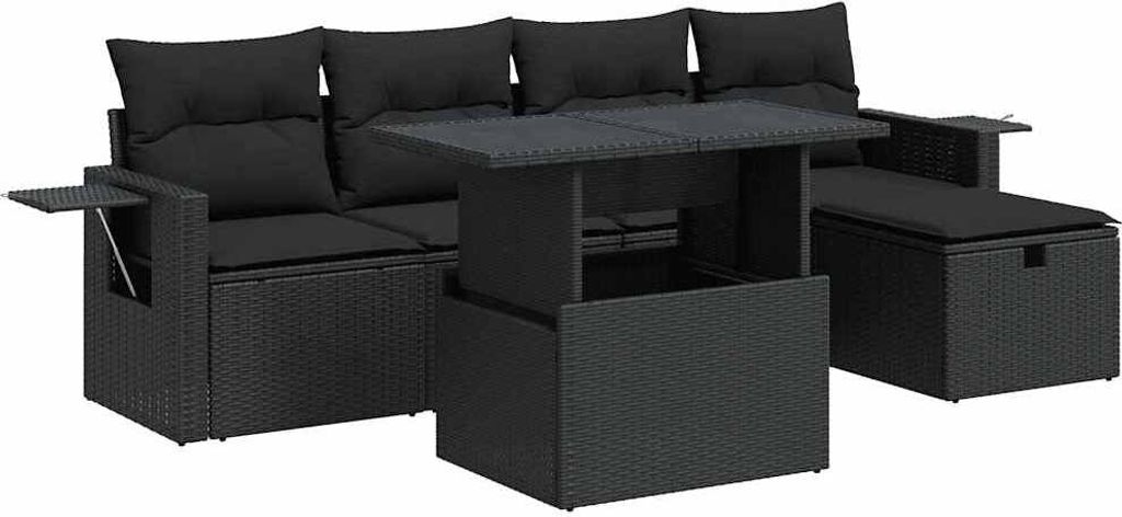 6-tlg. Garten-Sofagarnitur mit Kissen Schwarz Poly Rattan