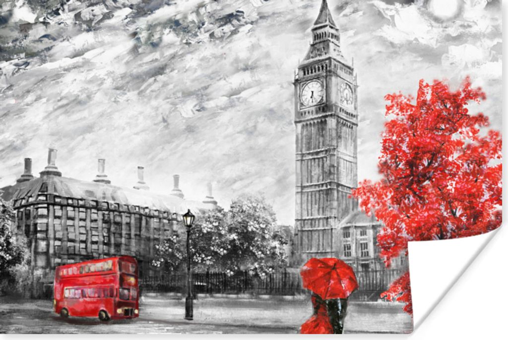 MuchoWow Poster Gemälde - Big Ben - Rot - Regenschirm 180x120 cm - Fotoplakat