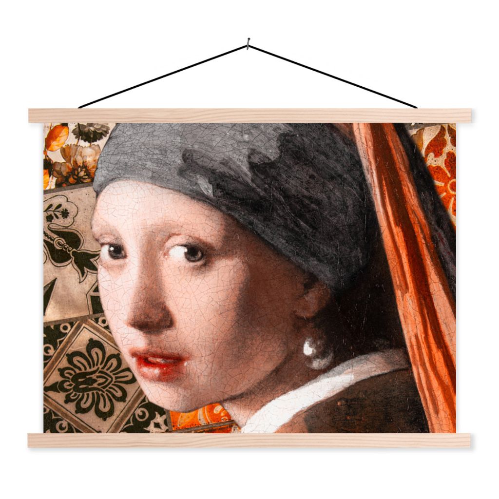 MuchoWow Textilposter Gemälde - Mädchen mit Perlenohrring - Orange - Schwarz 150x113 cm mit holzfarbenen Rahmen - Poster