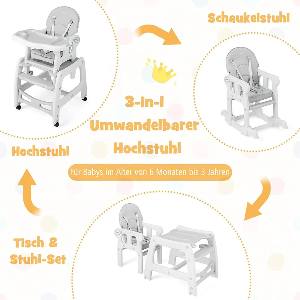 Chaise Haute Transformable Bébé Grise Multi-fonctions avec Plateau Amovible