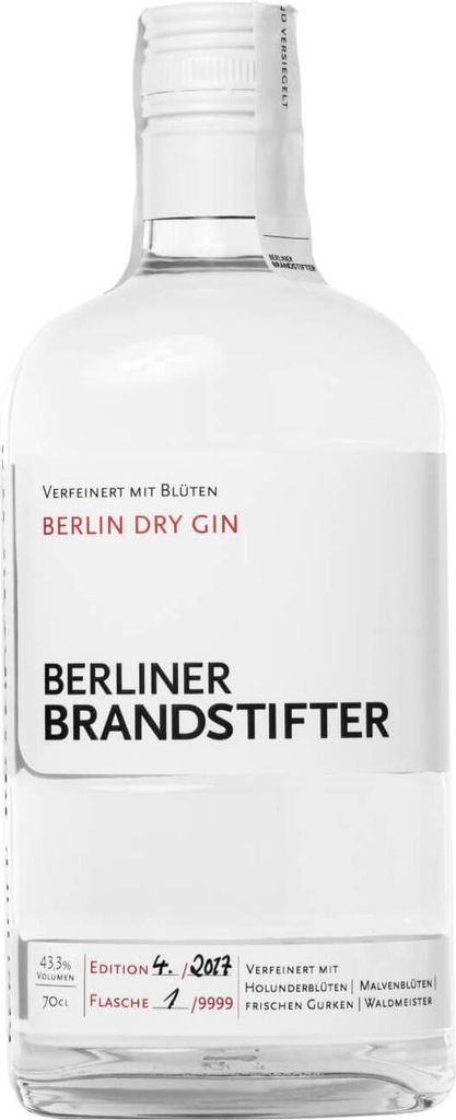 A clear studio shot of a bottle of Berliner Brandstifter Gin.