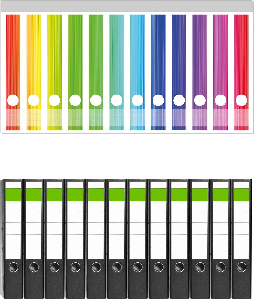 Wallario 12 Stück schmale Ordner inkl. Klebeetiketten mit Motive Regenbogenmuster - Farben rot, gelb, grün, blau, pink und rot - Set mit Rücken...