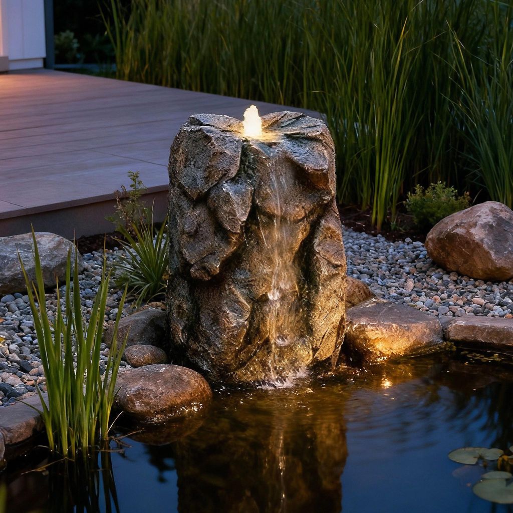 Künstlicher Quellsteinfelsen mit LED Beleuchtung OG-KQS001 Realistische Steinoptik, inkl. 2 m Schlauch – Wetterfest für Teich & Bachlauf