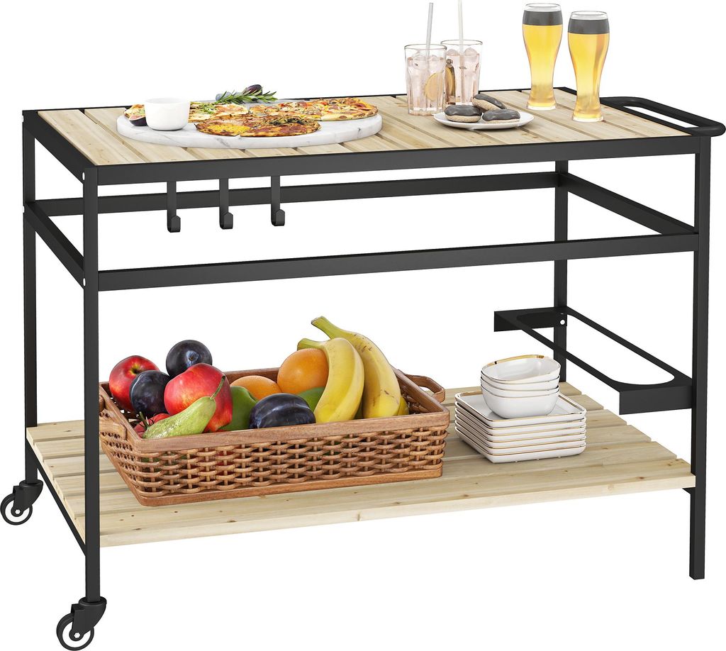 Outsunny Servierwagen, Barbecue Trolley mit 2 Regalen Haken für Garten, Balkon