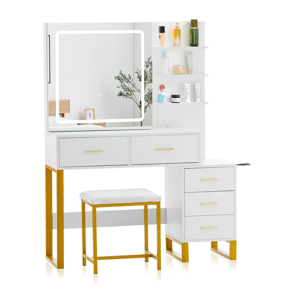 Table de maquillage moderne 5 tiroirs avec LED et support sèche-cheveux