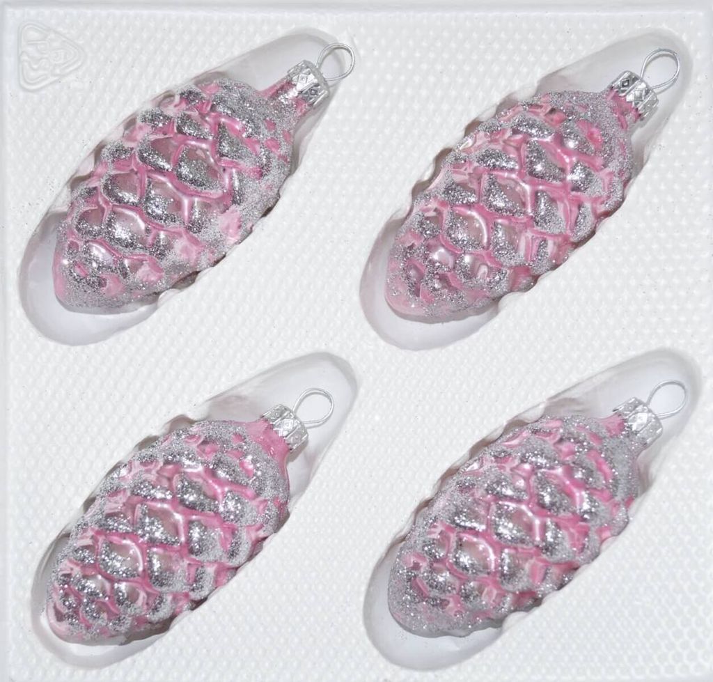 4 tlg. Glas-Tannenzapfen Set in Hochglanz-Rosa-Silberne-Ornamente