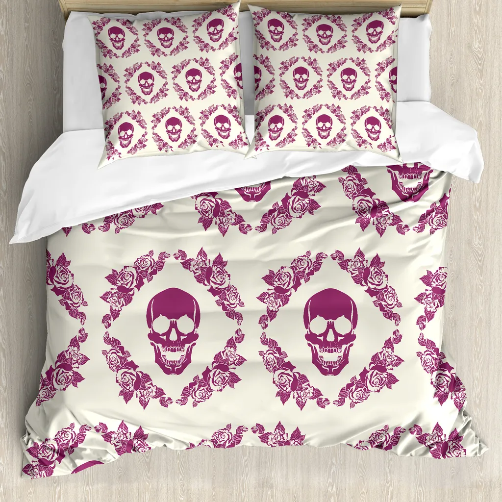 ABAKUHAUS Copripiumino Zuckerschädel, motivo floreale marrone, antiacaro, adatto a chi soffre di allergie, con federe, 200 cm x 200 cm - 80 x 80 cm, fucsia-crema