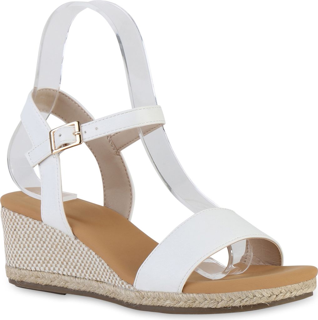 VAN HILL Damen Keilsandaletten Sandaletten Bast Freizeit Sommer Schuhe 841128, Farbe: Weiß, Größe: 41