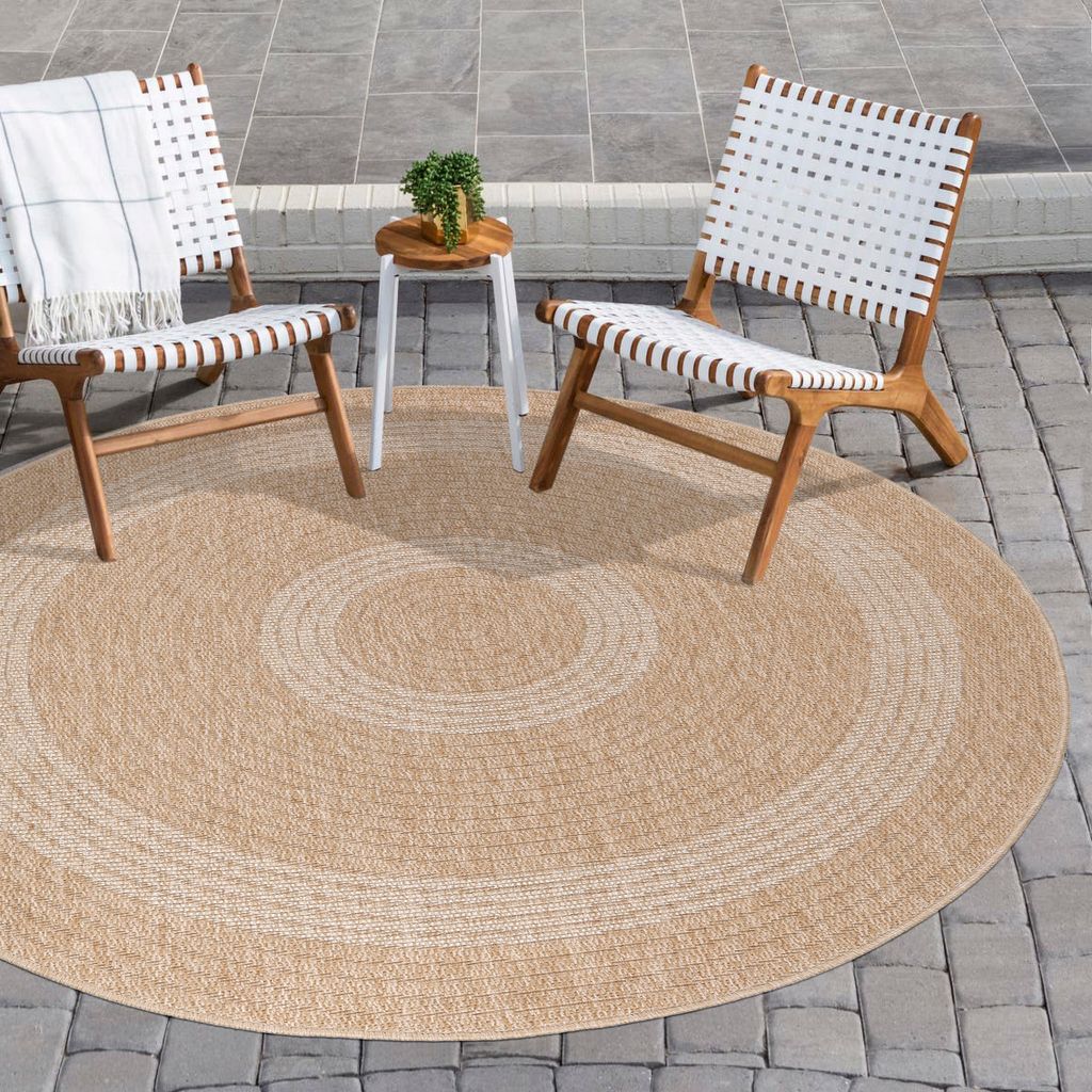Runder Outdoor Teppich Vintage Design Wetterfest Naturfarben für Terrassen Küchen Balkon auch Wohnzimmer, Größe: 80 cm Rund, Farbe: Beige-1