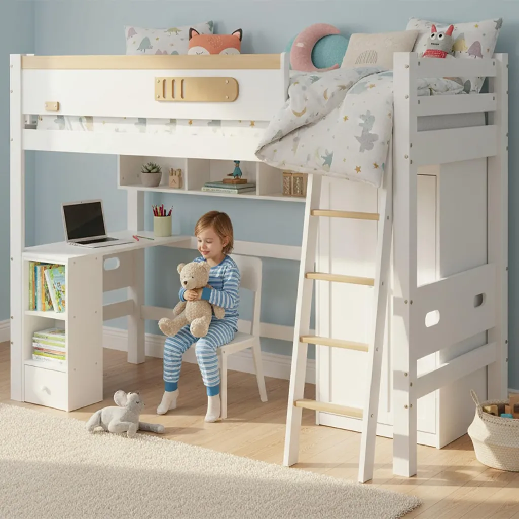 Lit combiné surélevé 90x200 avec bureau et rangement pour chambre enfant