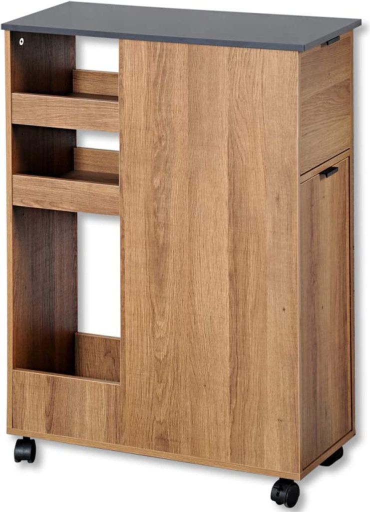 A narrow shelving unit with a gray top and wooden sides, on wheels.