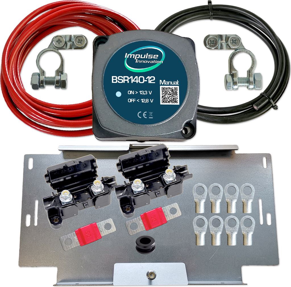 Zweitbatterieset | BSR140-12 Automatik Trennrelais 12V 140A | 3,5m 10mm² Kabel | Batteriehalter VW T4 T5 T6 Universal