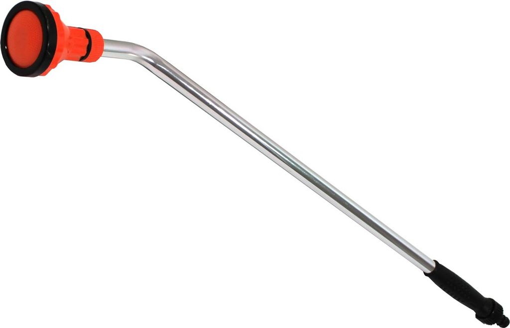 A garden watering wand with an orange spray head and a silver wand.