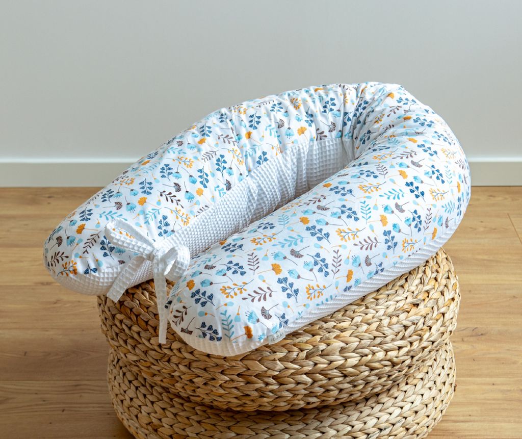 170 cm M/L Kissen Seitenschläferkissen Schwangerschaftskissen Stillkissen Bezug WEIß Waffelpique/ TÜRKIS-GELB Blumenwiese Relaxkissen Schlafen L...