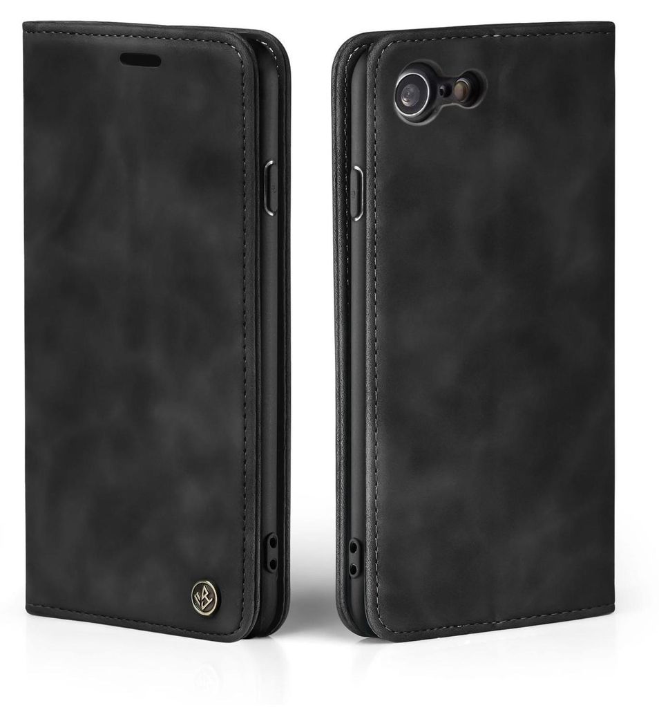 A black flip case for a smartphone is shown from two angles.
