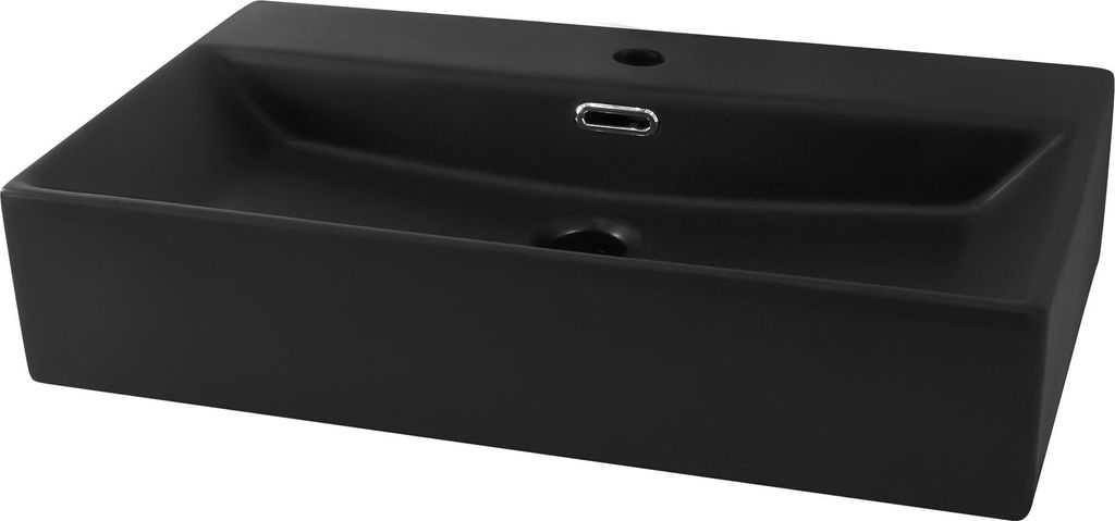 A black ceramic sink on a white background.