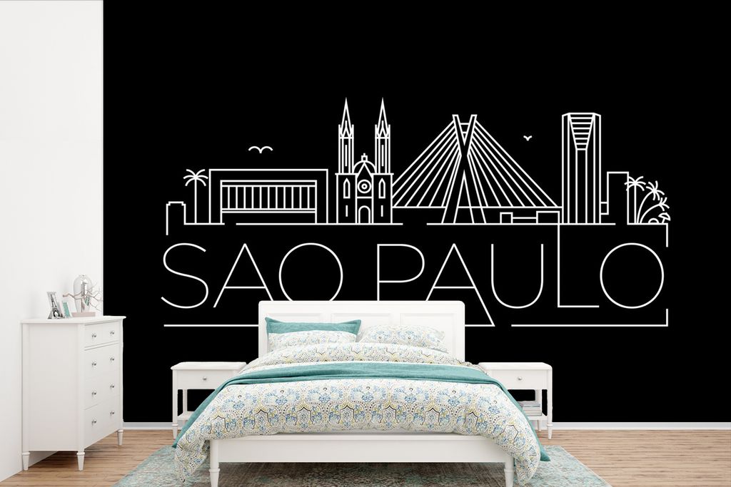 MuchoWow Fototapete für Wohnzimmer oder Schlafzimmer Wandtapete Vinyl Motivtapete Stadtbild "Sao Paulo" auf schwarzem Hintergrund - 525x350 cm -...
